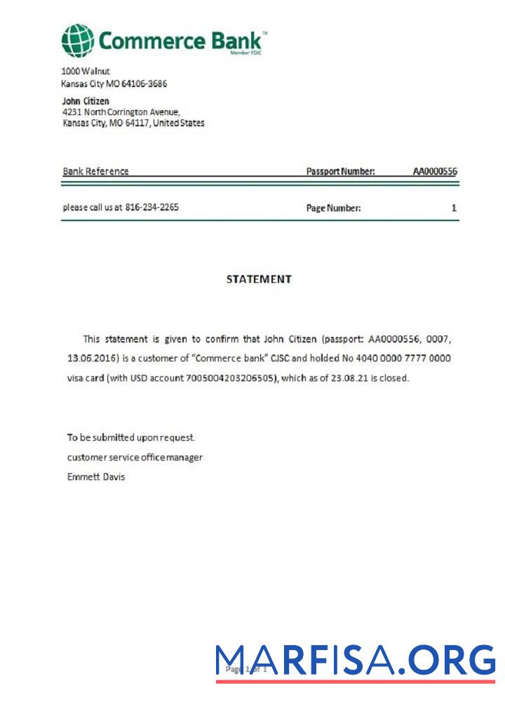 Blank USA Commerce bank closure reference sample